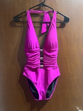 Gottex Hot Pink Halter One-Piece Swimsuit With Jewels Crystal Sparkles Sz Large
